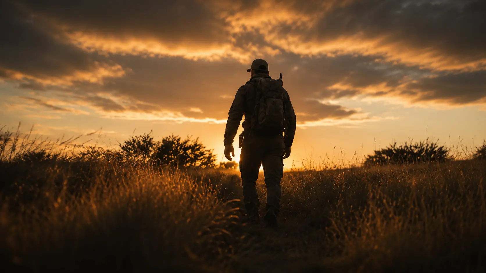 A hunter walking the African veld at last light